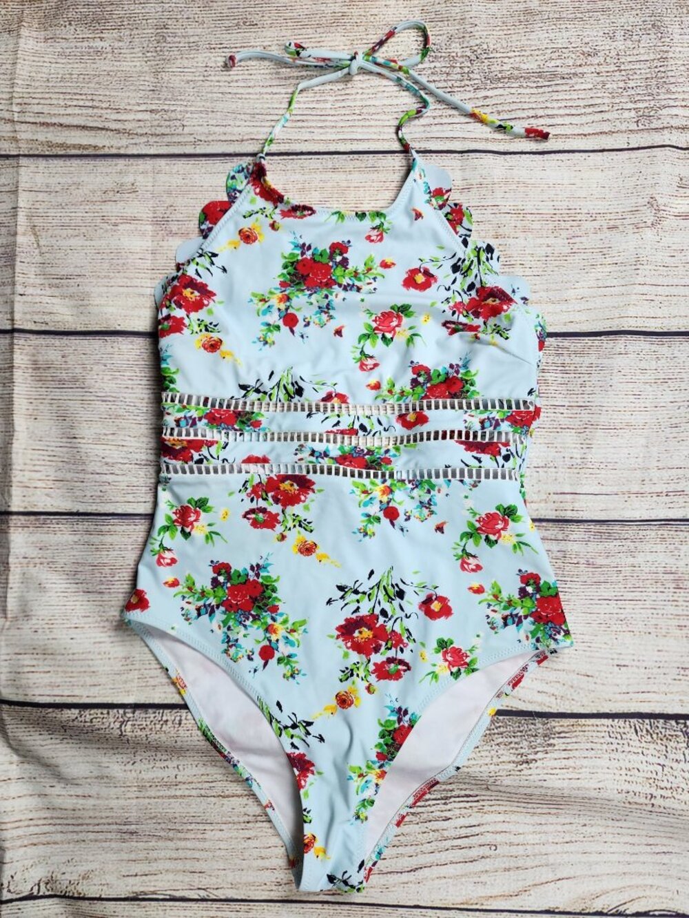 Cupshe Large Blue Red Floral Halter One Piece Swimsuit Scalloped Cottage Prairie